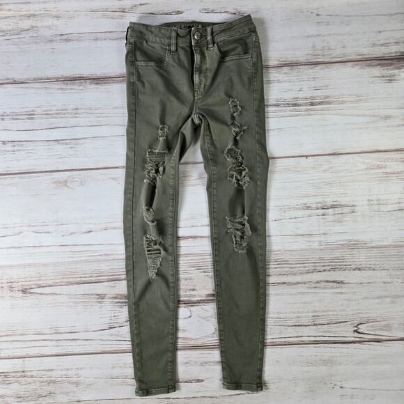 American Eagle Army Green Distressed Super Stretch X High Rise Jegging sz 2 - Picture 1 of 7